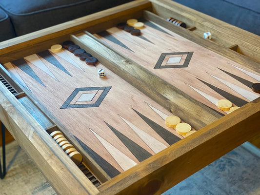 Rustic Backgammon Coffee Table with Removable Glass