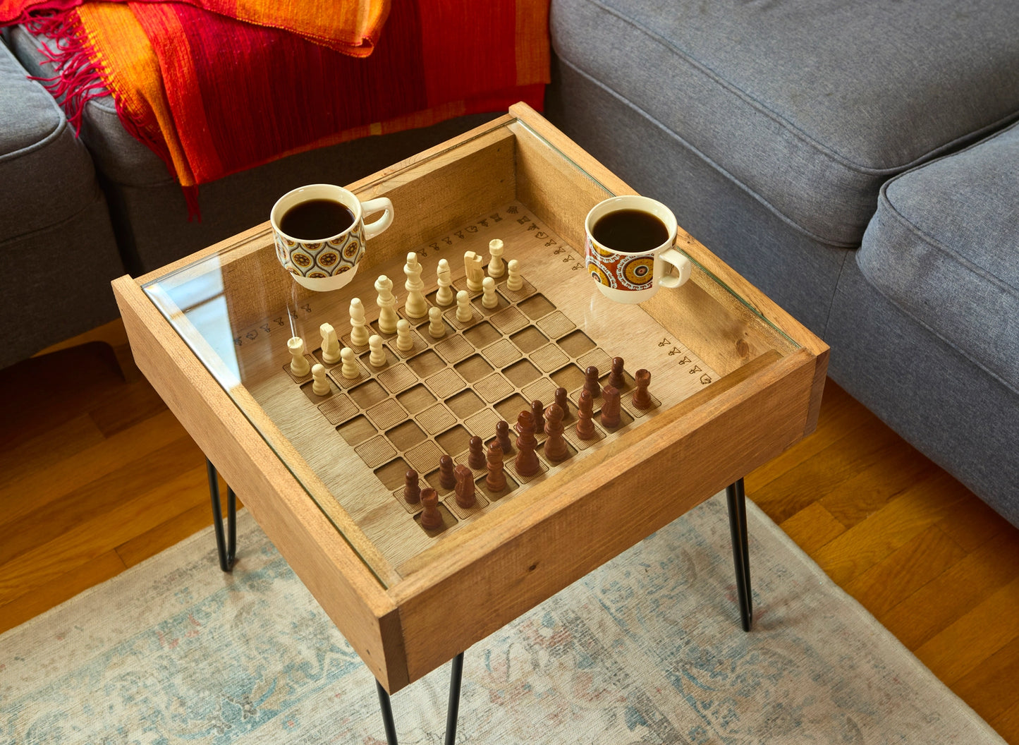Rustic Chess & Checkers Table with Removable Glass