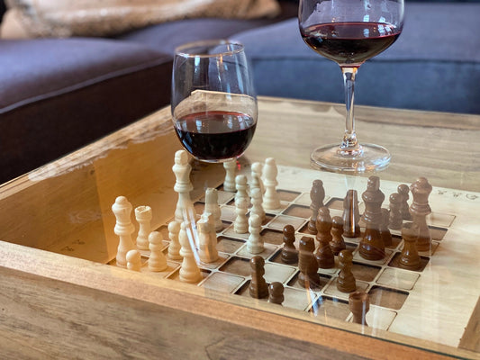 Rustic Chess & Checkers Table with Removable Glass