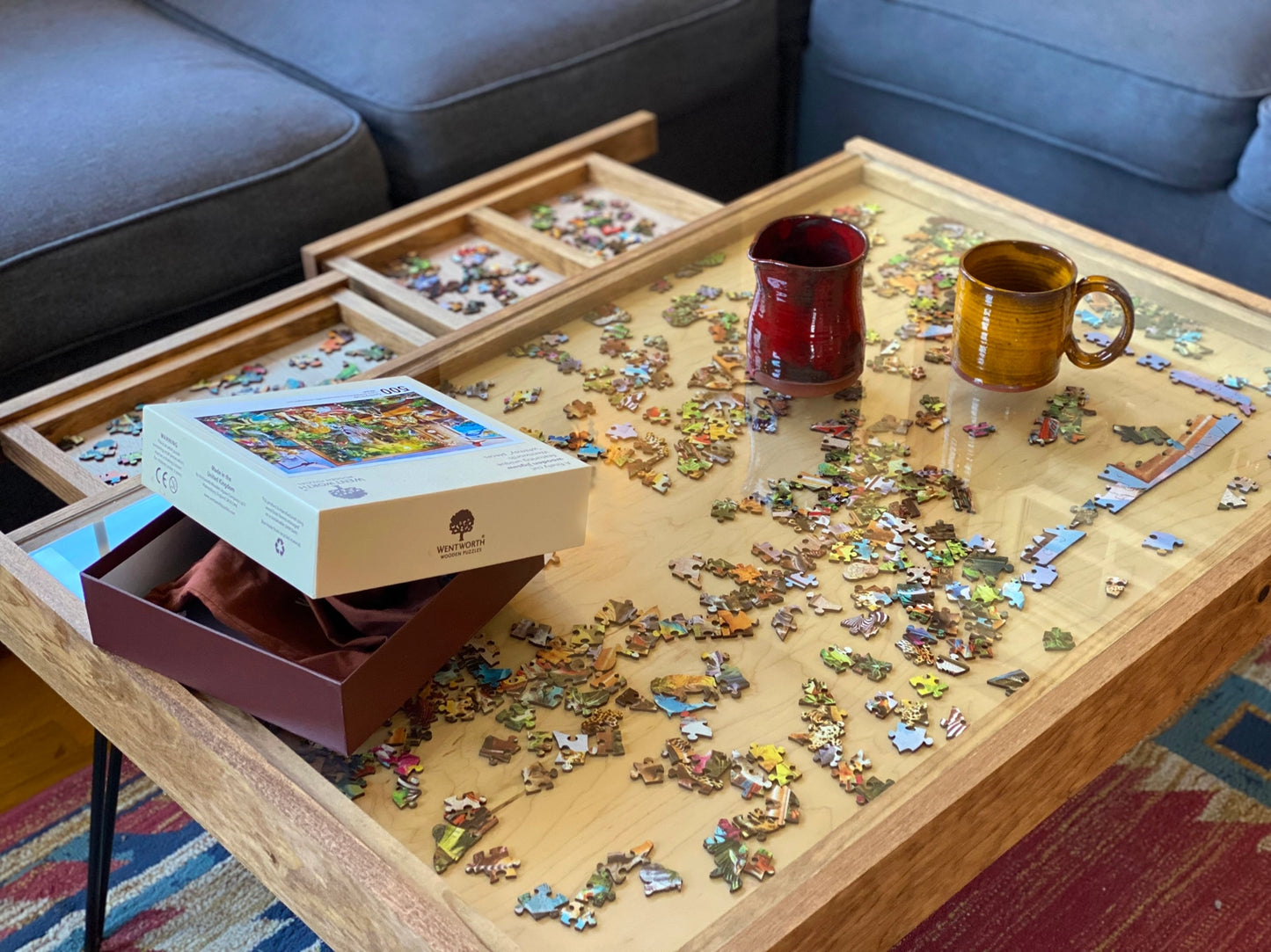 Rustic Puzzle Coffee Table with Removable Glass Top