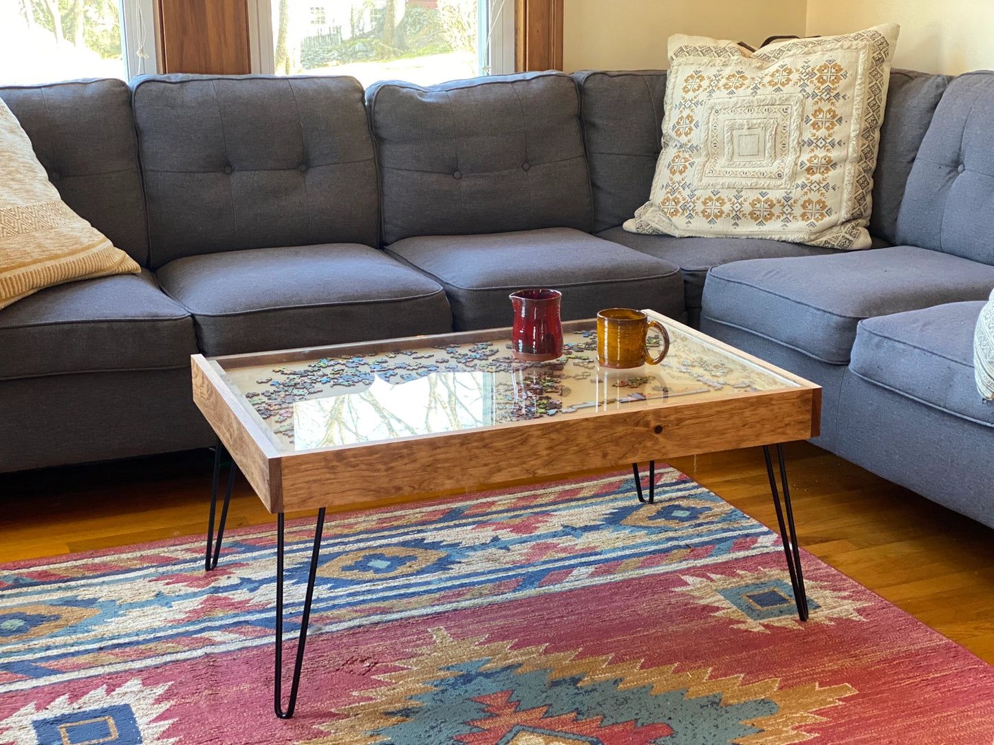 Rustic Puzzle Coffee Table with Removable Glass Top