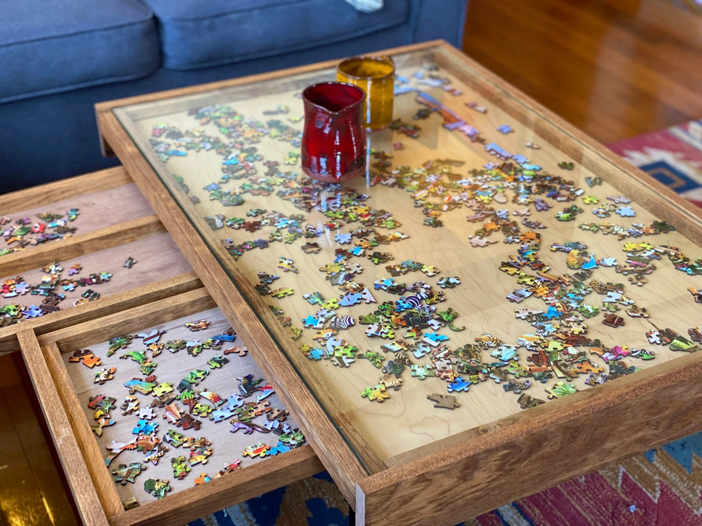 Rustic Puzzle Coffee Table with Removable Glass Top