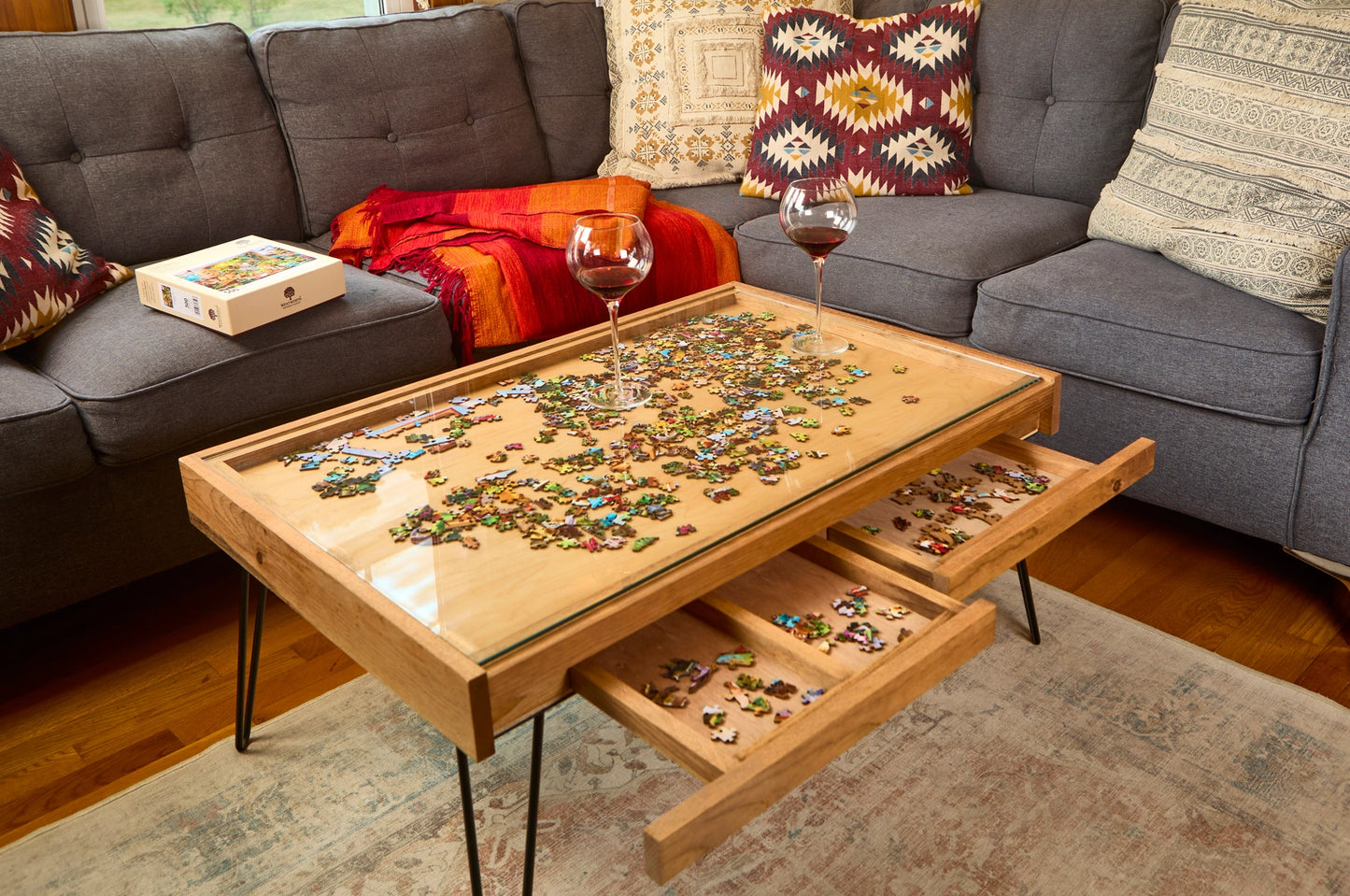 Rustic Puzzle Coffee Table with Removable Glass Top