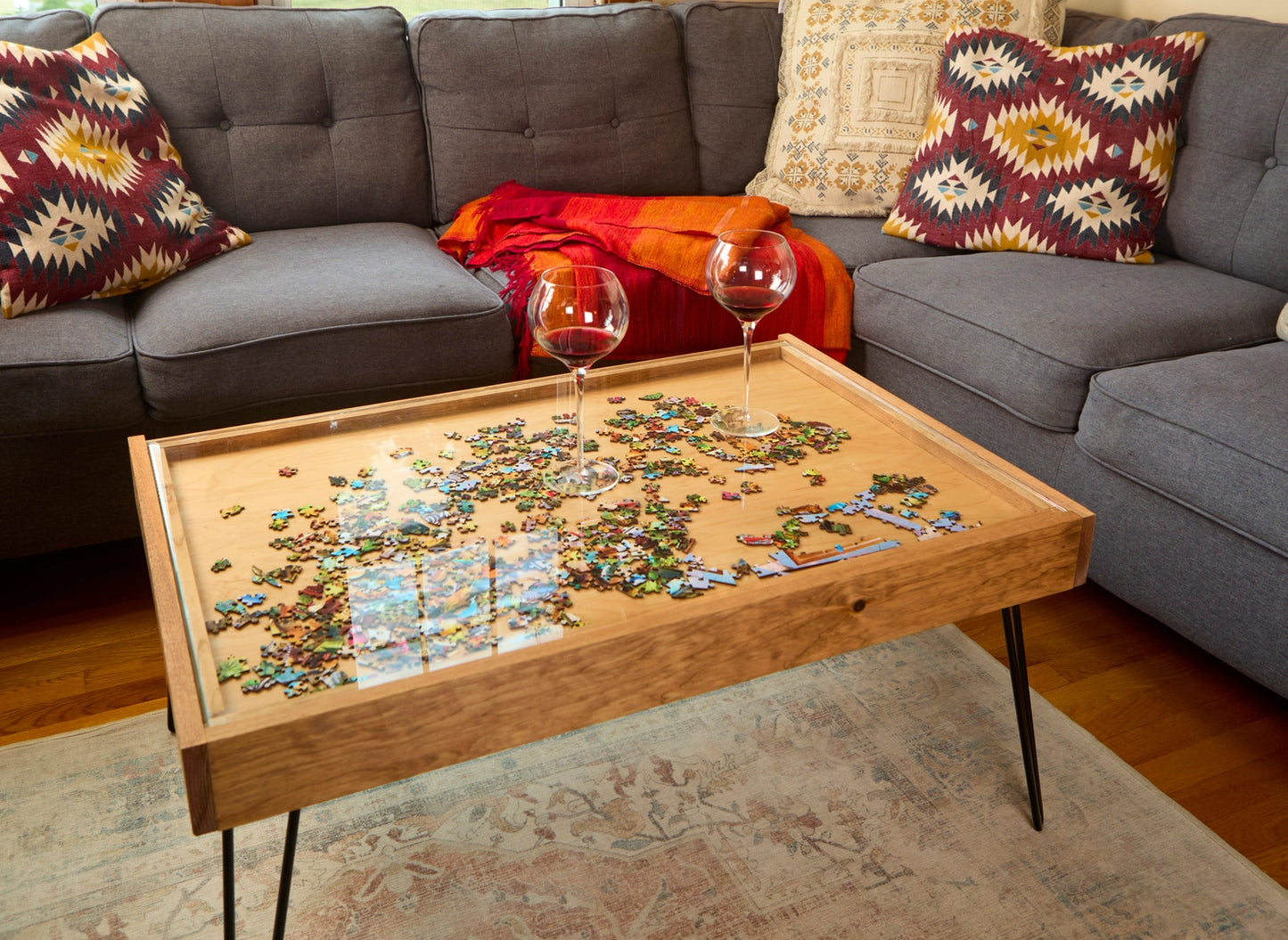 Rustic Puzzle Coffee Table with Removable Glass Top