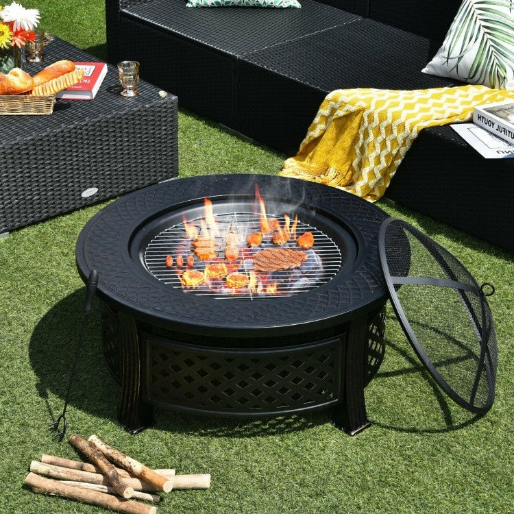 Rustic Steel Outdoor Fire Pit with BBQ Grill