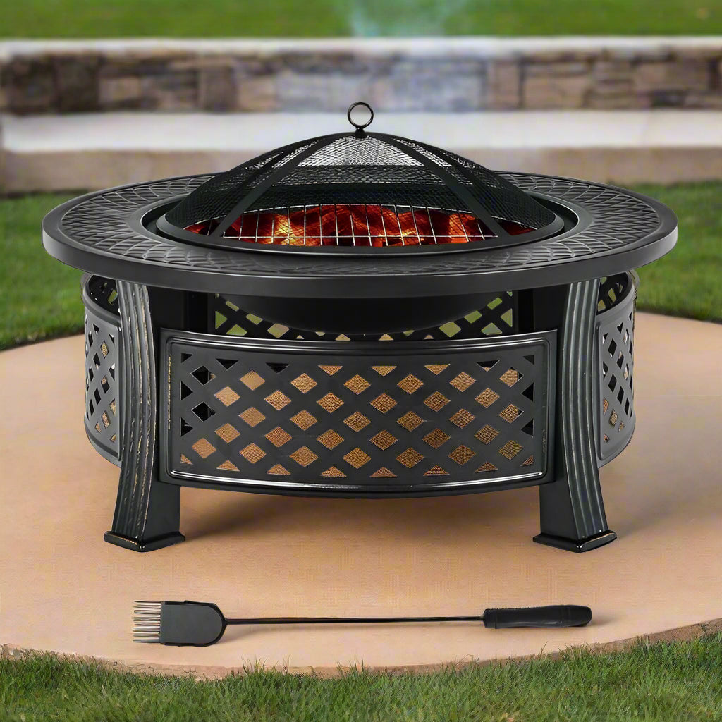 Rustic Steel Outdoor Fire Pit with BBQ Grill