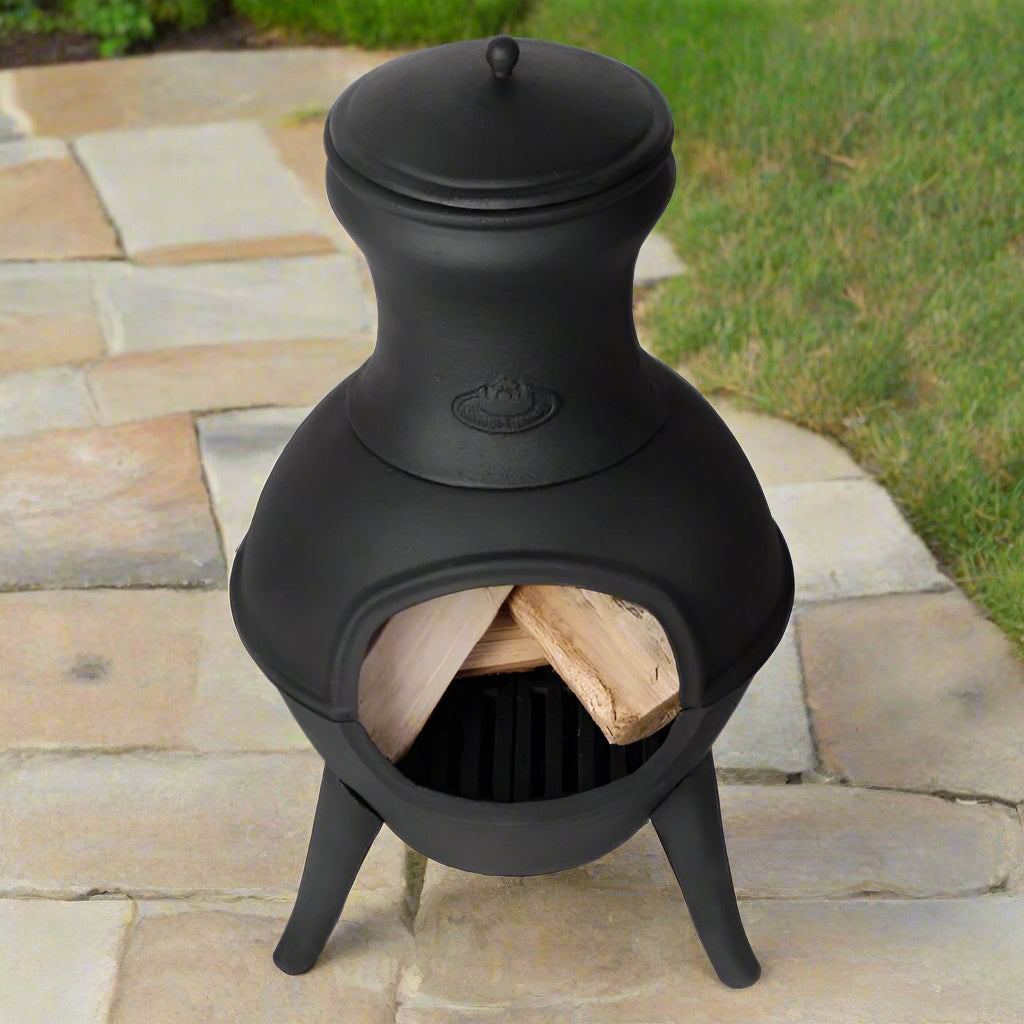 Small Black Cast Iron Outdoor Chimenea Wood Fire Pit