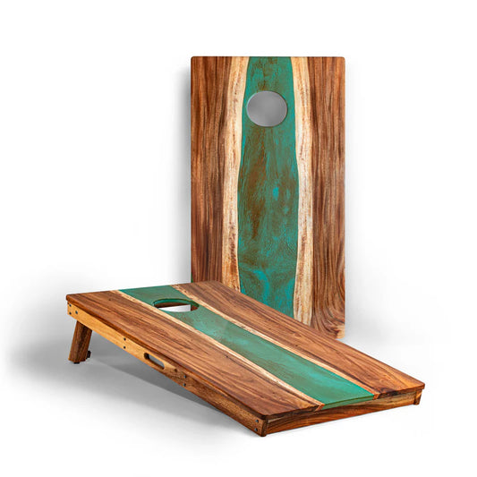 The River Epoxy Resin with Live Edge Acacia Pathfinder ART Cornhole Boards - Turquoise