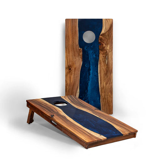 The River Epoxy Resin with Live Edge Acacia Pathfinder ART Cornhole Boards - Sapphire