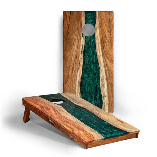 The River Epoxy Resin with Live Edge Acacia Pathfinder ART Cornhole Boards - Emerald