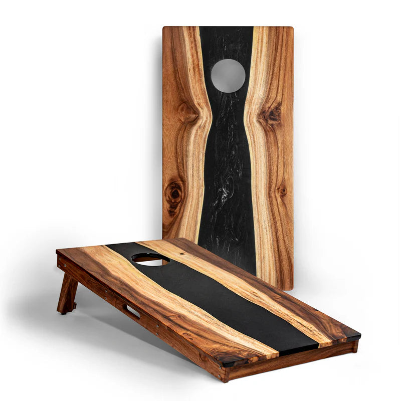The River Epoxy Resin with Live Edge Acacia Pathfinder ART Cornhole Boards - Onyx