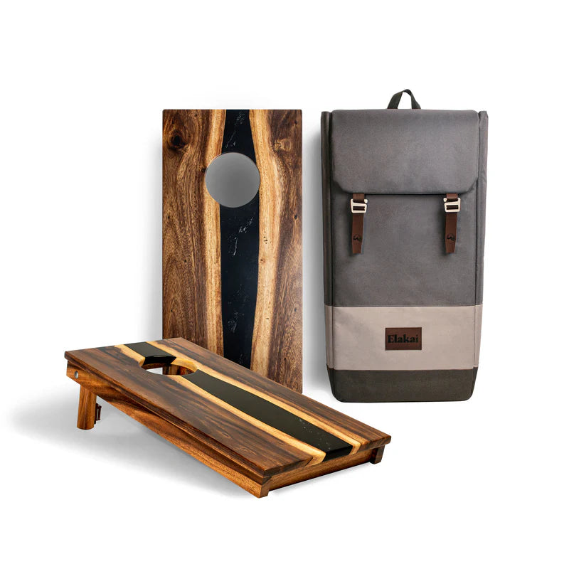 The River Epoxy Resin with Live Edge Acacia Pathfinder ART Cornhole Boards - Onyx