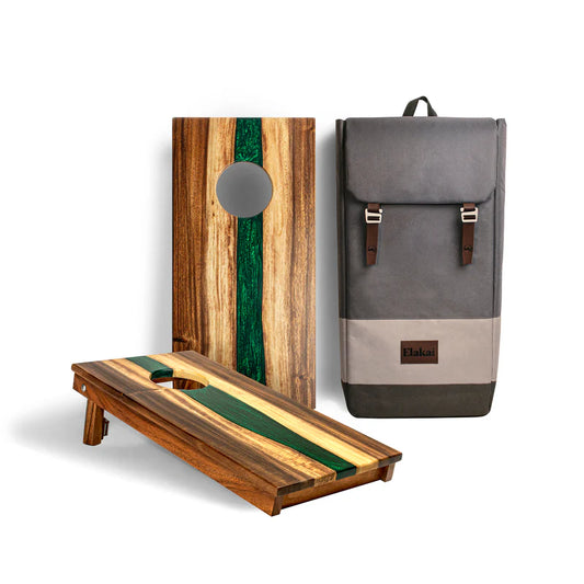 The River Epoxy Resin with Live Edge Acacia Pathfinder ART Cornhole Boards - Emerald