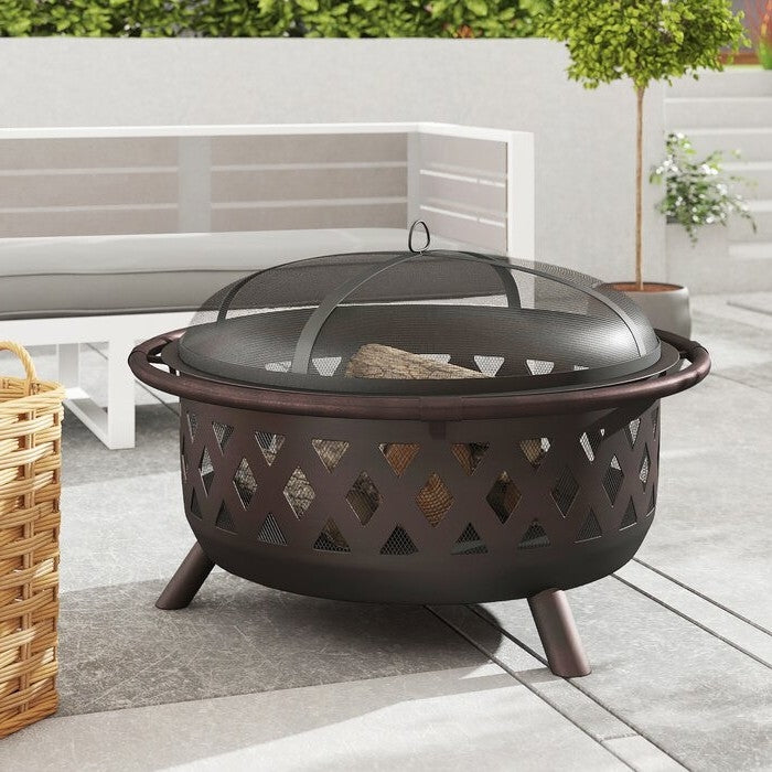 Weather-Resistant Steel Wood Fire Pit with Spark Screen