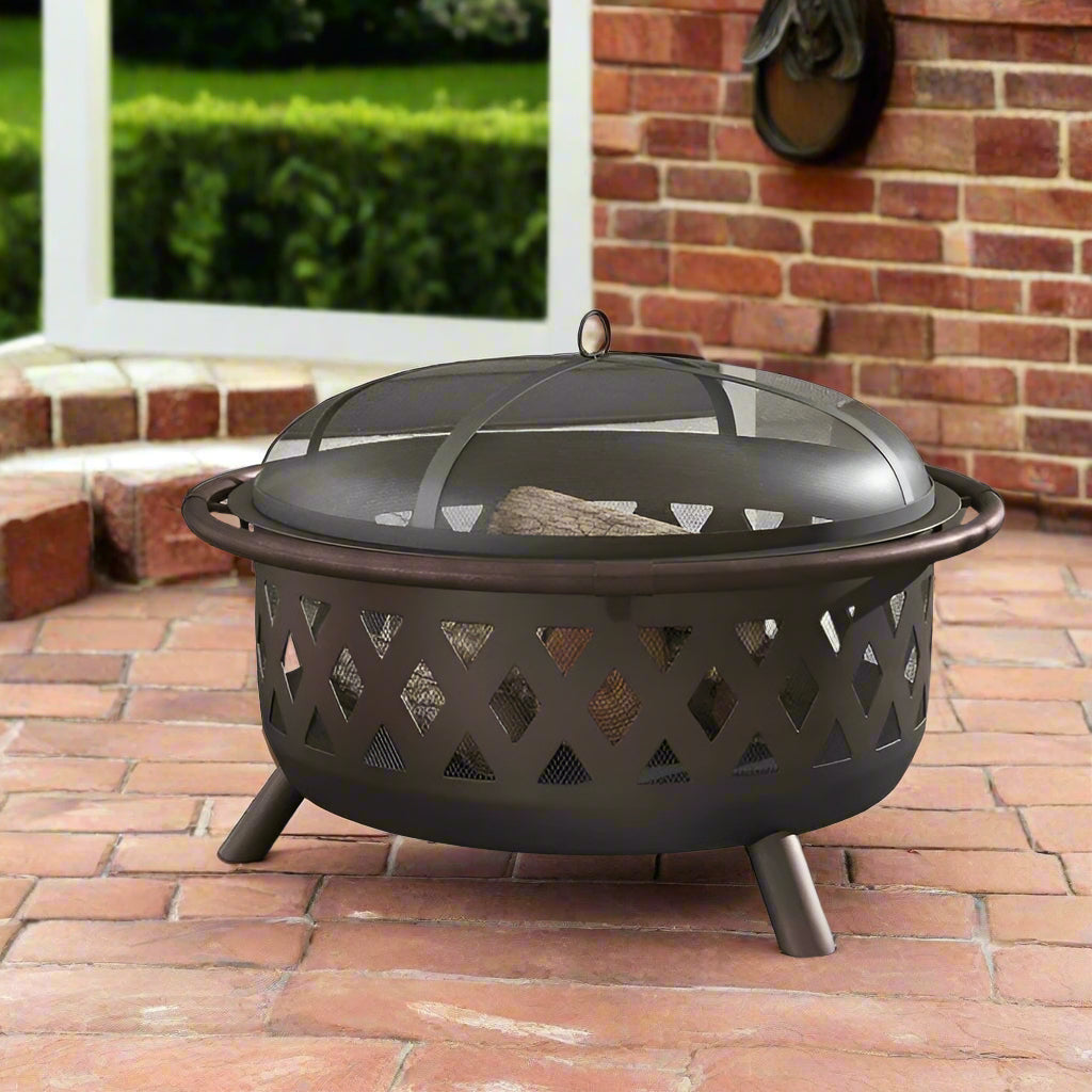 Weather-Resistant Steel Wood Fire Pit with Spark Screen