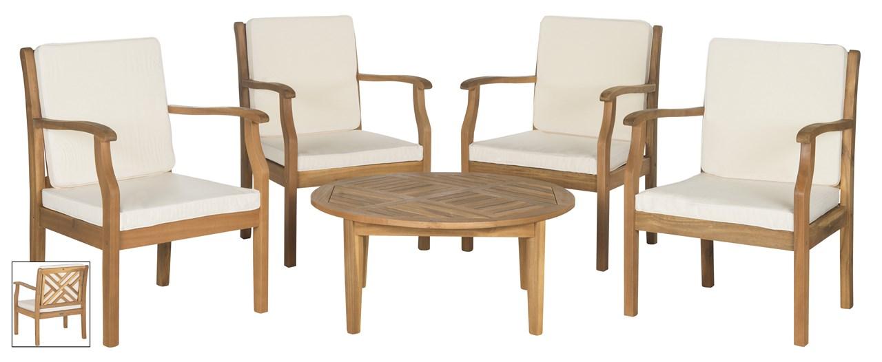 Anaheim 5-Piece Outdoor Coffee Set – Acacia Wood with Cushioned Armchairs