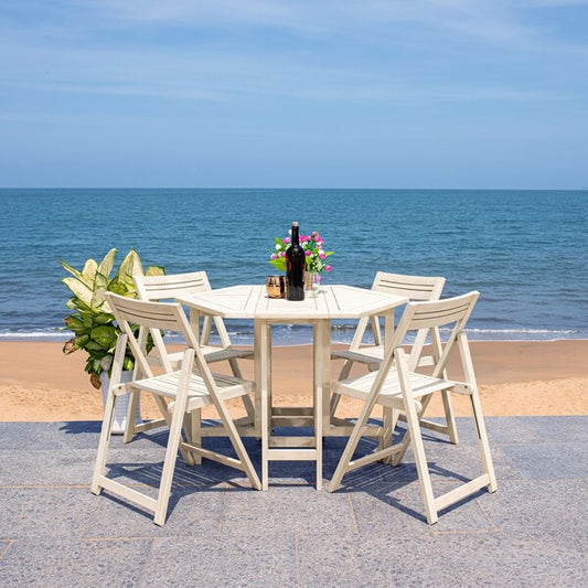 Kerman Foldable Outdoor Dining Set – Acacia Wood Hexagonal Table with 4 Folding Chairs