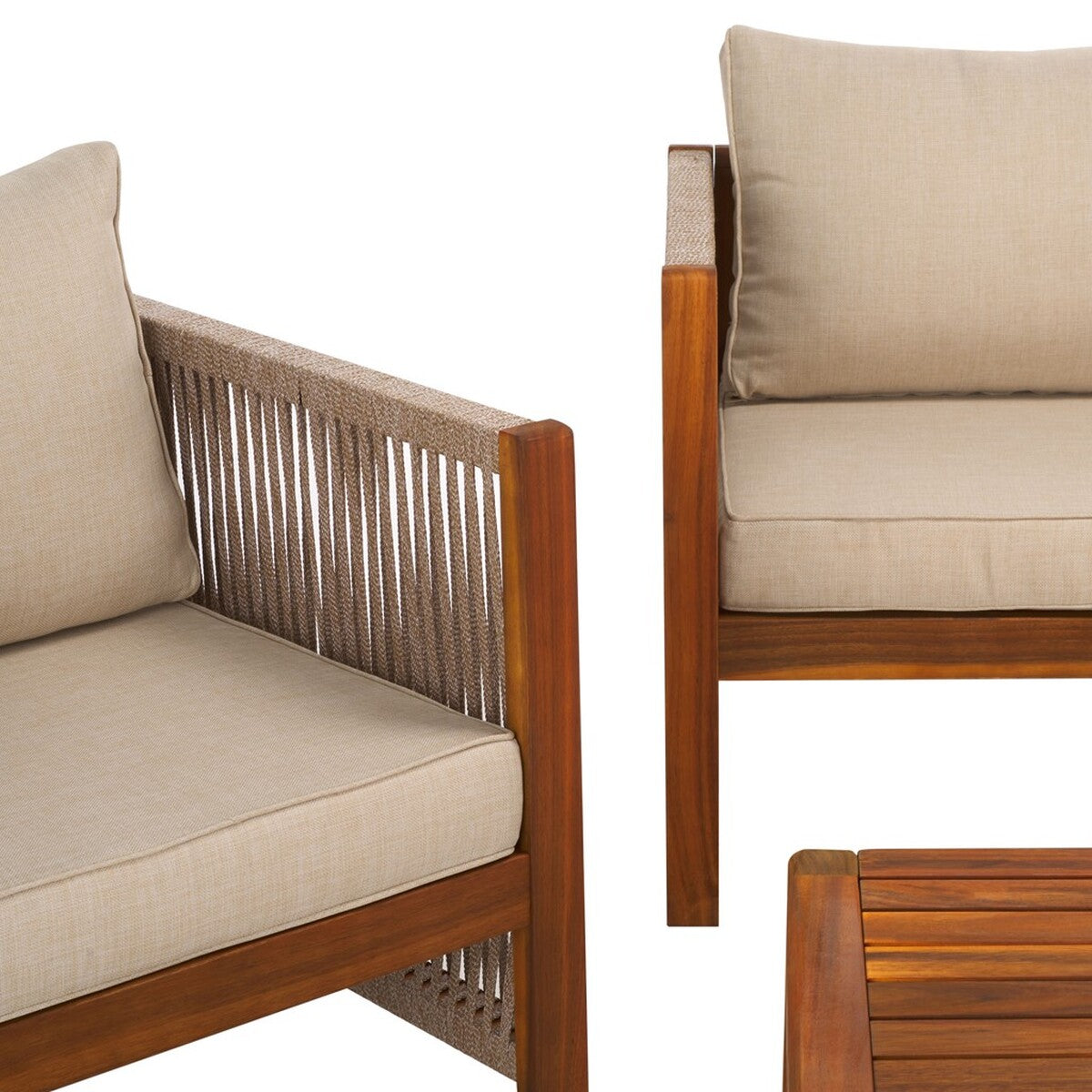 Roya 4 Piece Outdoor Living Set – Acacia Wood Patio Set with Taupe Cushions