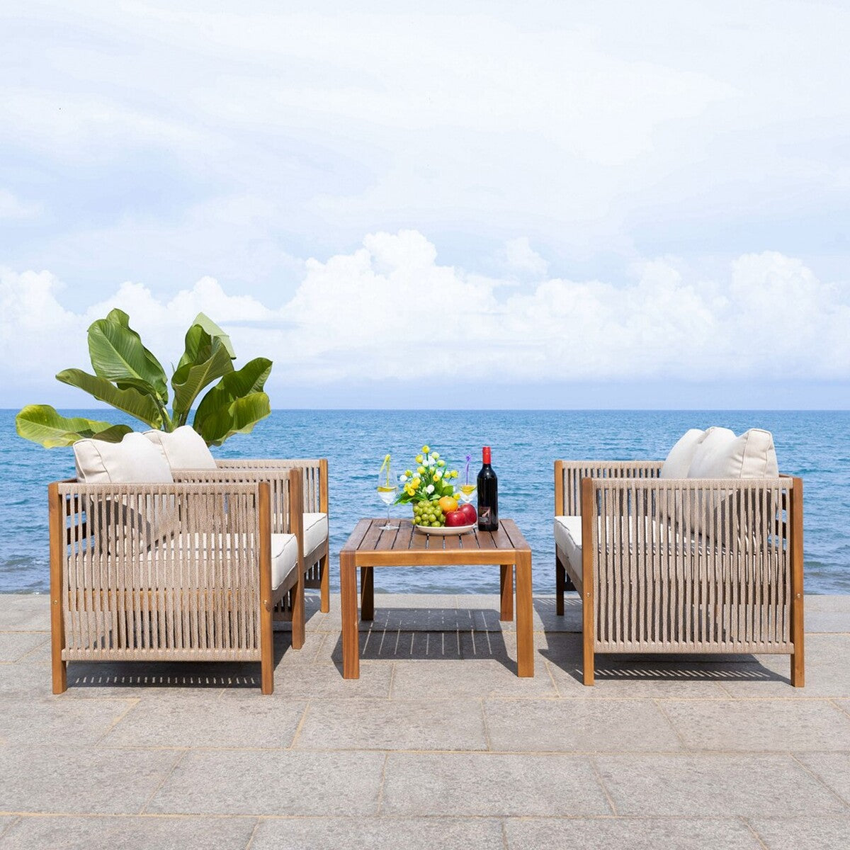 Roya 4 Piece Outdoor Living Set – Acacia Wood Patio Set with Taupe Cushions
