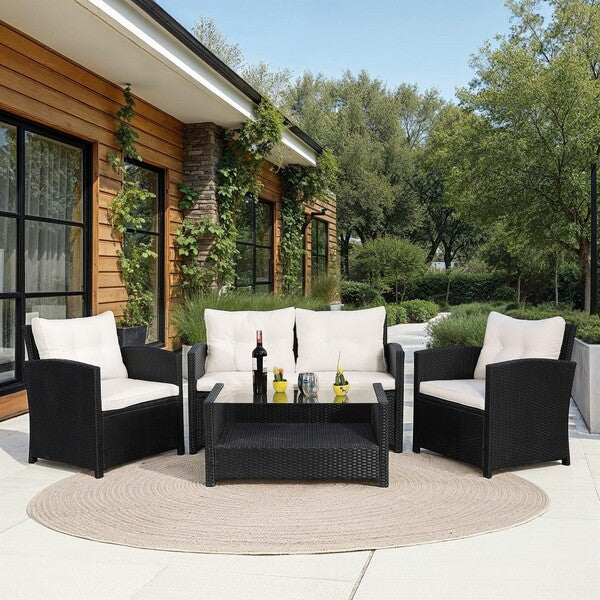 Vellor 4 Piece Outdoor Living Set – Coastal Patio Seating with Glass-Top Table