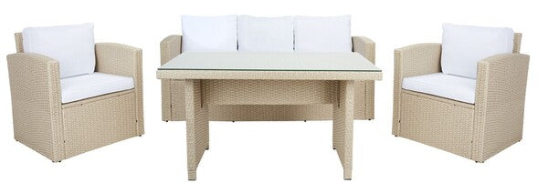 Nyra 4-Piece Outdoor Dining Set – Wicker Bench, Armchairs & Table with Cushions