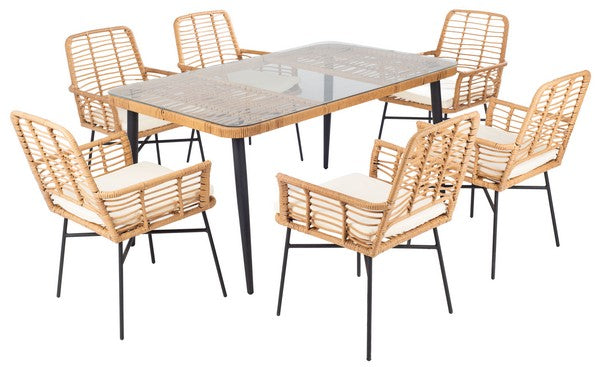 Beson 7 Piece Outdoor Dining Set – PE Rattan Table & 6 Cushioned Chairs