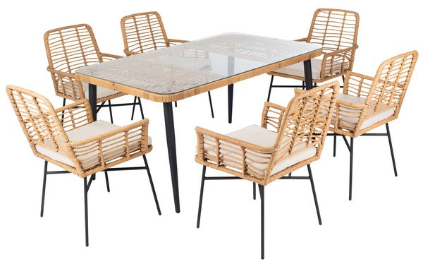 Beson 7 Piece Outdoor Dining Set – PE Rattan Table & 6 Cushioned Chairs